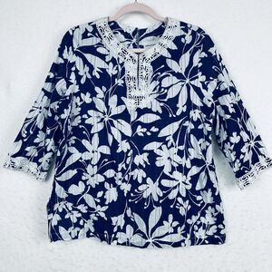 Alfred Dunmer Tunic Top Women’s SZ 14P Blue White Embroidered Collar Boho Chic